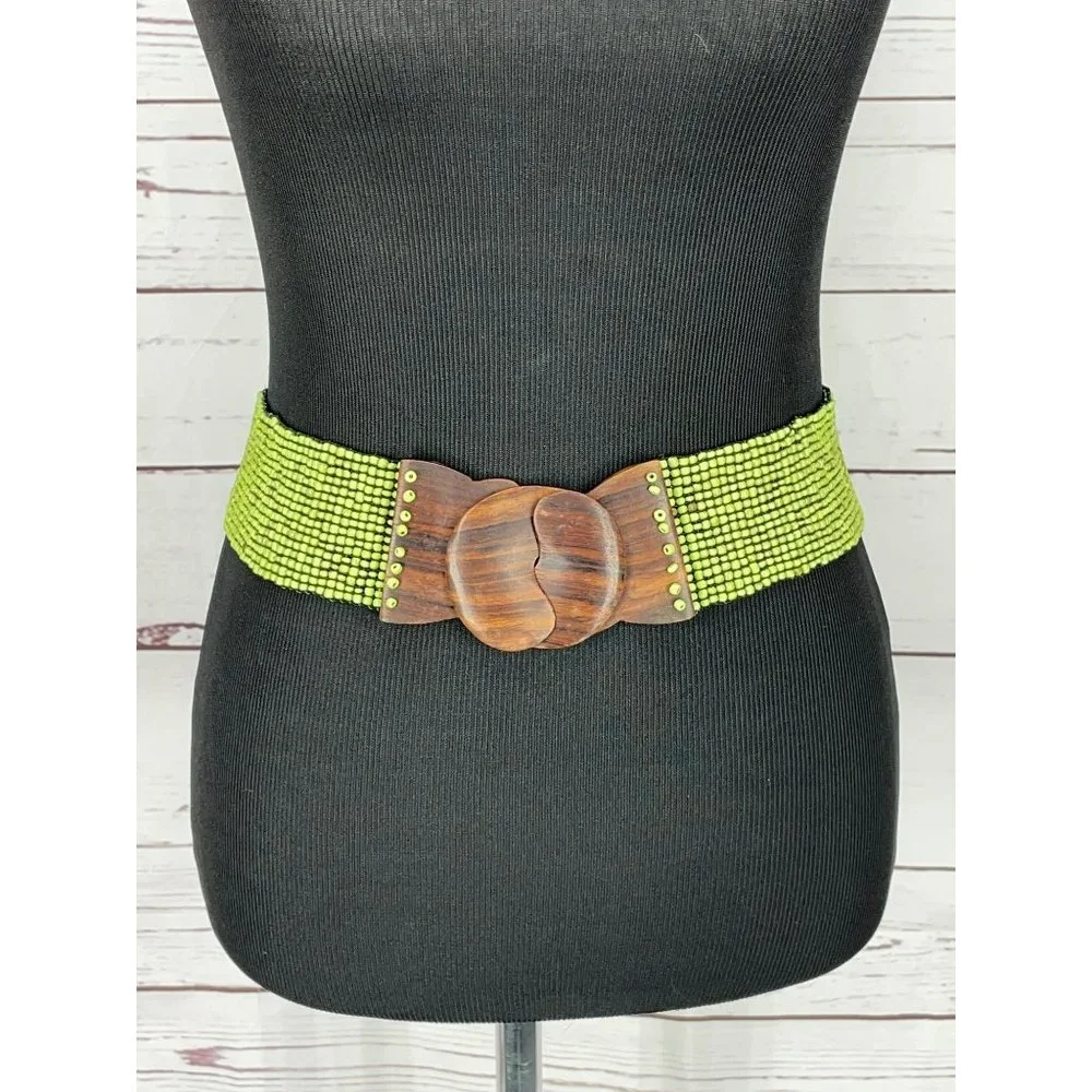 Vintage Elastic Lime Green Handmade Glass Beaded Wooden Clasp 70’s Boho Chic Sty